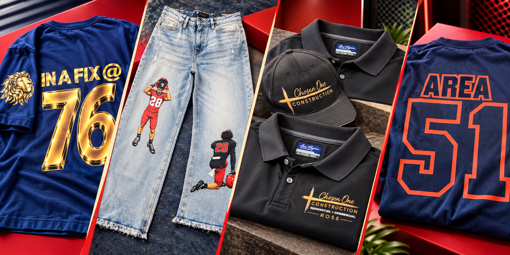 Premium collage of custom shirts, jeans, polos, hats and sports apparel