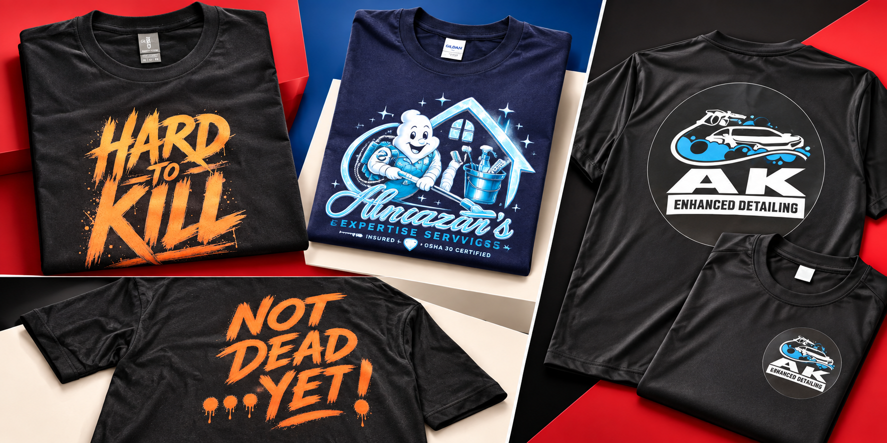 Enhanced collage of custom printed shirts and business apparel
